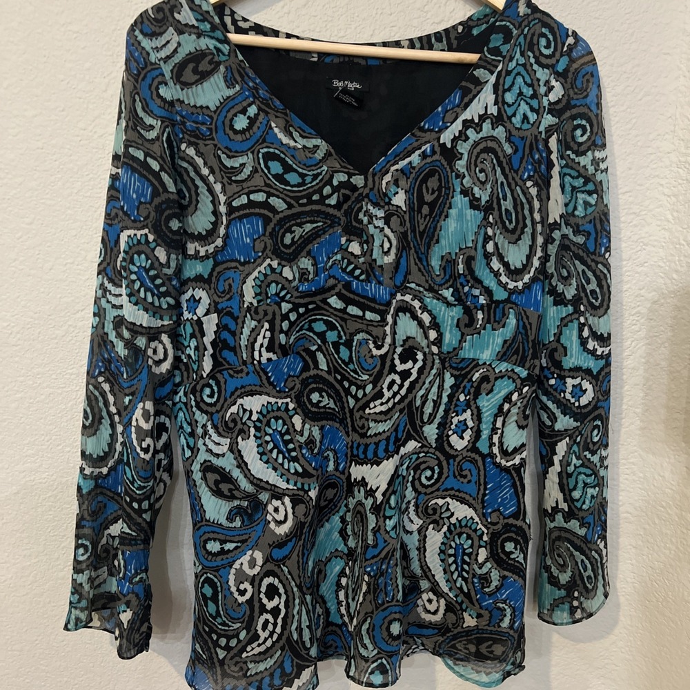 Bob Mackie Blouse BLACK/BLUE/TEAL Paisley Print Side Zip SZ 12 ***FLAW*** - Picture 1 of 6